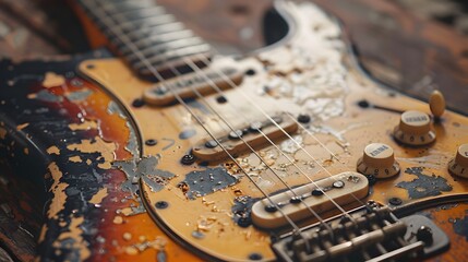 Vintage Electric Guitar with Worn Finish and Distressed Aesthetic