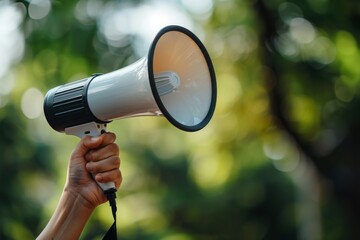 Hand Holding a Loudspeaker in a Green, Natural Setting