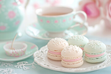 Delicate macaron sweets arranged elegantly with a pastel tea cup and saucer, perfect for tea time celebrations.