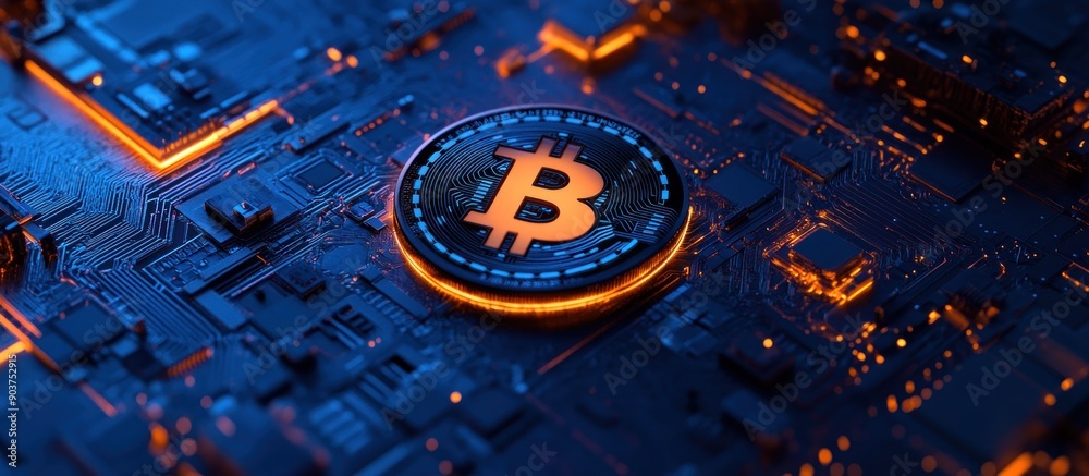 Poster bitcoin coin on a circuit board with orange glow