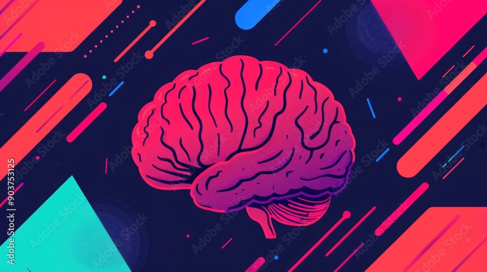 Poster vibrant depicting a high tech brain simulation with abstract geometric shapes neon color gradients a