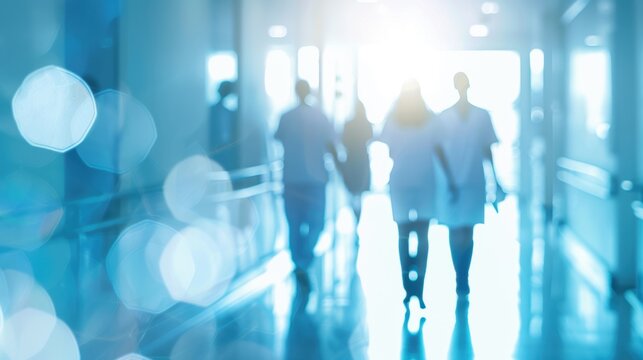 Healthcare professionals walk through a bright hospital corridor, with a soft bokeh background creating an ethereal atmosphere