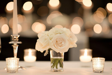 Fototapeta premium Elegant white roses arranged in a glass vase, surrounded by shimmering candles, creating a romantic and warm ambiance.