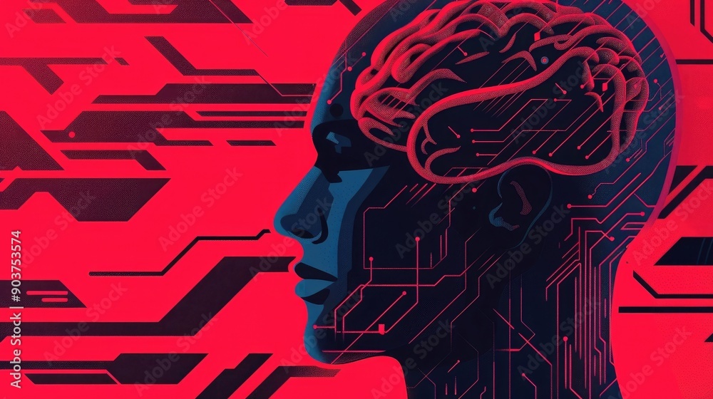 Poster of a futuristic brain with intricate abstract geometric patterns and digital circuit designs symboli
