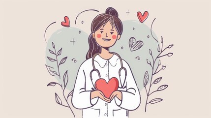 Cheerful female doctor holding a heart symbol, representing care, compassion, and healthcare in a whimsical illustration.