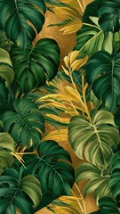Fototapeta premium Wall paper, banner, phone case . A captivating artistic rendition of lush green leaves. The leaves, in various shades of green, overlap to create a dense, jungle-like pattern