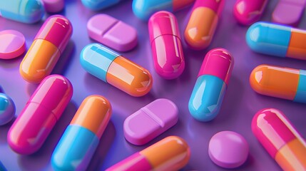 Colorful Assortment of Capsules and Pills on a Vibrant Background