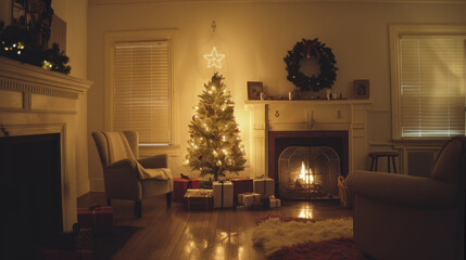 An intimate, cozy living room with a small, beautifully lit Christmas tree by a warm fireplace, creating a serene holiday mood.