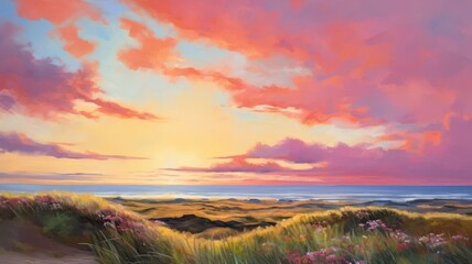 Obraz premium A serene coastal landscape at sunset, featuring vibrant skies and soft waves, perfect for relaxation and inspiration.