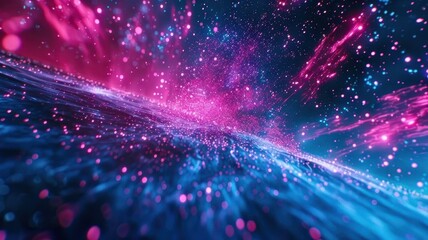 Fototapeta premium A vibrant cosmic scene featuring swirling colors of blue and pink, resembling a luminous galaxy filled with stars and energy.