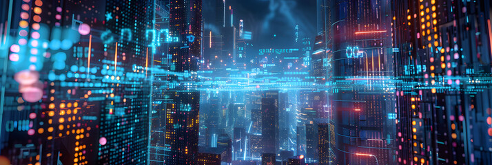 Fototapeta premium A futuristic cityscape with glowing neon lights and digital code patterns. AI technology in urban development 