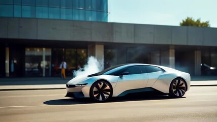 White smoke rises from under hood of a futuristic car on city street. Modern electric car catches fire.