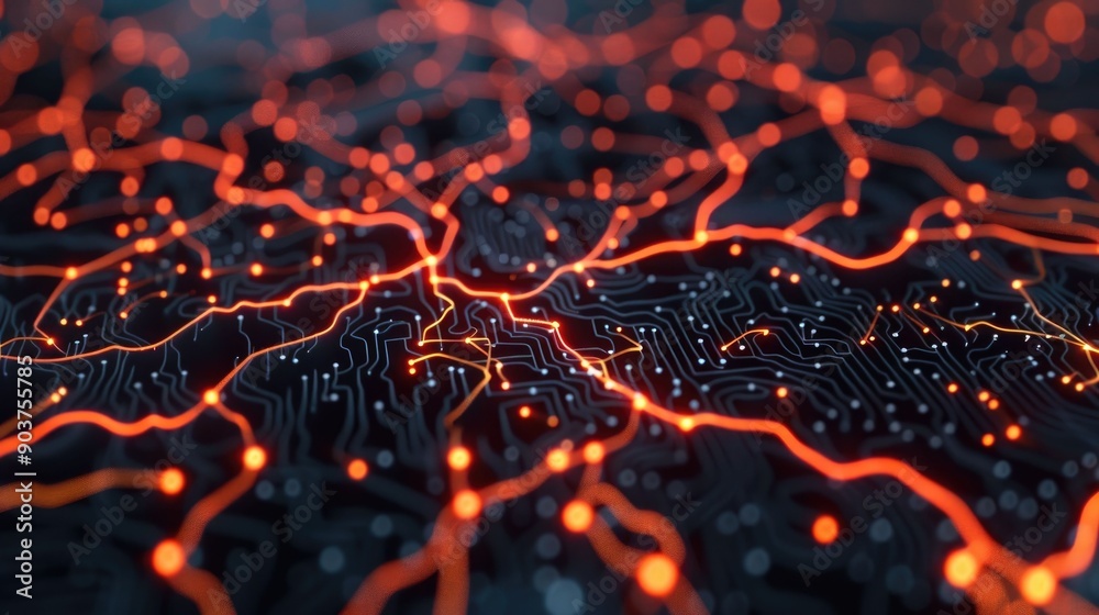 Poster of a glowing neural network computation with bright nodes and connections depicting a futuristic and