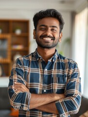 A person sitting comfortably in their living room, arms crossed and smiling