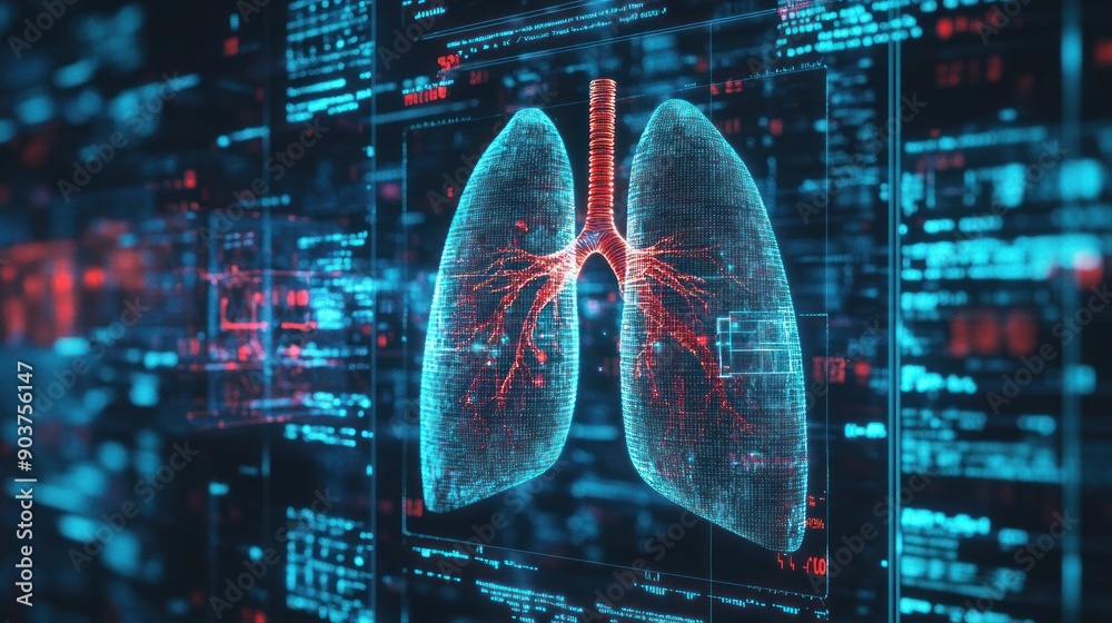 Poster digital 3d model of human lungs on a computer screen