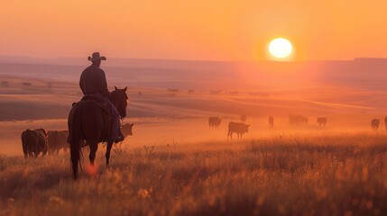 A cowboy on horseback guides a herd of cattle across open plains as the sun sets, casting a warm glow over the landscape.