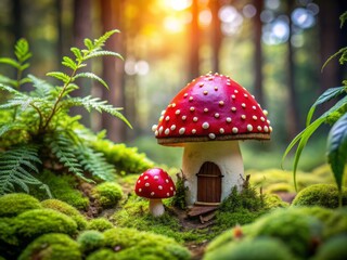 Whimsical miniature fairy house nestled inside vibrant red cap of amanita muscaria mushroom, surrounded by lush green foliage in an enchanted forest setting.