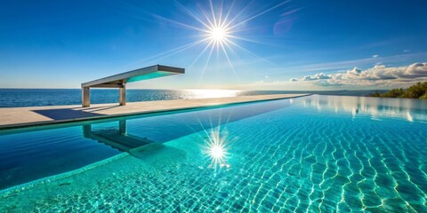 Vibrant sunlight casts shimmering reflections on the pool floor beneath a sleek diving board, suspended above crystal-clear water, evoking a sense of refreshing summer fun.