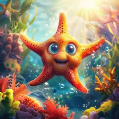 Smiling Starfish in a Coral Reef