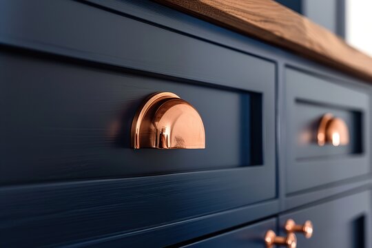 Front kitchen wooden frame cabinet door and drawers. Closeup Dark Blue Kitchen. Wooden cabinet door, brass door handles, furniture base set. Trendy interior units. Home improvement concept. Samples.