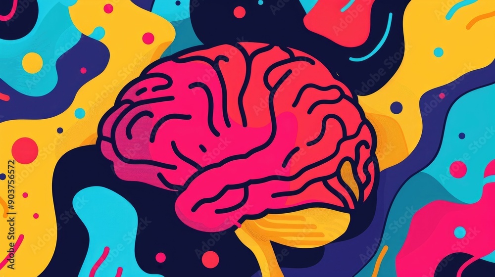 Poster vibrant depicting an abstract cognitive circuit design with a colorful psychedelic brain pattern in 