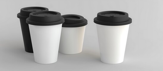 3D rendering of white and black paper coffee cups with lids on a clean white background, perfect for design templates.