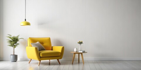 Minimalist living room interior with a bold yellow accent chair against a clean white background, featuring ample copy space for text or graphics overlays.