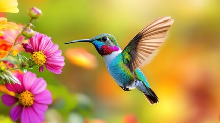 Fototapeta premium A Vibrant Hummingbird in Flight Near Pink Flowers