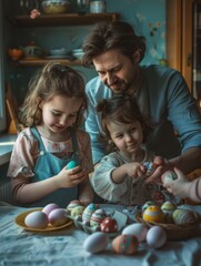 Naklejka premium Three people, including a man and two young girls, paint Easter eggs together