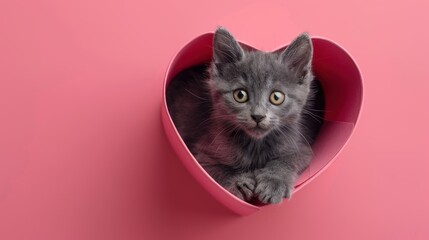 Grey Kitten Inside a Pink Heart-Shaped Box