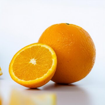 Primer plano de una fotograf&iacute;a de estudio de naranjas frescas junto con m&aacute;s trozos de naranja representando una dieta saludable 