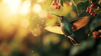 Fototapeta premium Hummingbird in Flight with Red Berries and Golden Sunlight