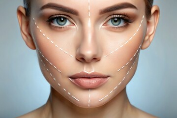 Close-up of a face with threads and arrows illustrating a non-surgical thread facelift procedure for facial contouring and skin rejuvenation, representing plastic surgery and beauty concepts.