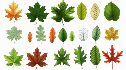 A variety of leaf shapes. Oak maple, and other deciduous tree leaves