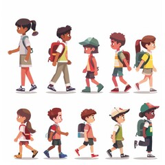 A diverse group of children, including boys and girls of various ethnicities, walking with backpacks in a playful, animated style.