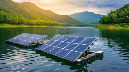 A row of solar panels are floating on a body of water. The panels are blue and white and are arranged in a row. The water is calm and the sky is clear. Concept of harmony between technology and nature