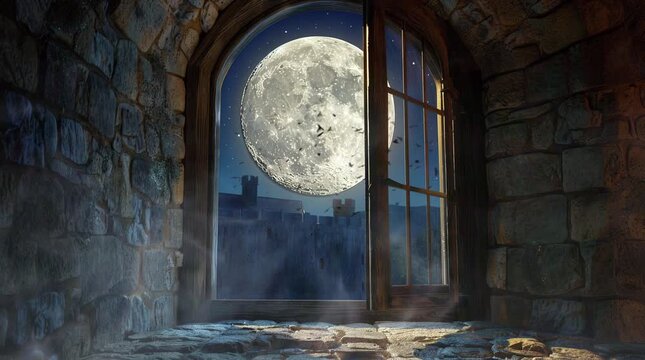 Castle room with a window under the full moon, creating a mysterious and enchanting nighttime scene
  Seamless looping 4k time-lapse virtual video animation Generated AI