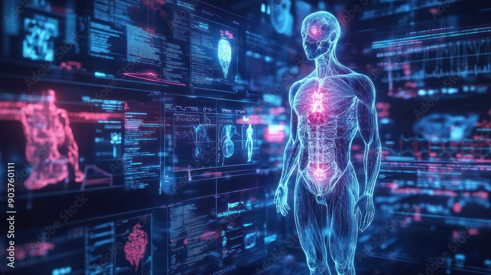 Poster a wireframe human model against a background of digital data