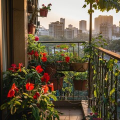 A vibrant balcony garden filled with colorful flowers at sunset, showcasing red and green hues against a city skyline backdrop.