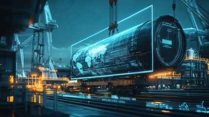 Futuristic Crane Lifting a Cylinder with a World Map Projection