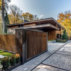 Fototapeta premium Modern wooden house surrounded by autumn foliage, showcasing sleek architectural design and natural materials.