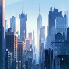 Fototapeta premium A vibrant city skyline at dawn, showcasing iconic skyscrapers with a blue hue, capturing the essence of urban life.