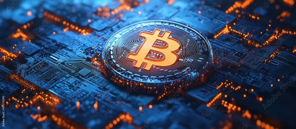 Poster Bitcoin Coin on a Circuit Board with Glowing Lines