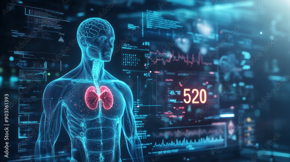 Aufkleber digital human anatomy scan with lungs and heart rate data