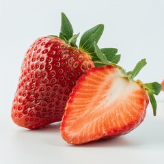Primer plano de una fotograf&iacute;a de estudio de fresas fresco junto con m&aacute;s trozos de fresa representando una dieta saludable 