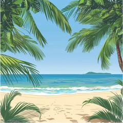 A serene tropical beach scene with vibrant palm trees and gentle waves under a clear blue sky.