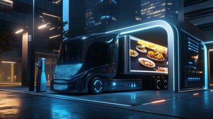 Futuristic Food Truck with Neon Lights Parked in City at Night