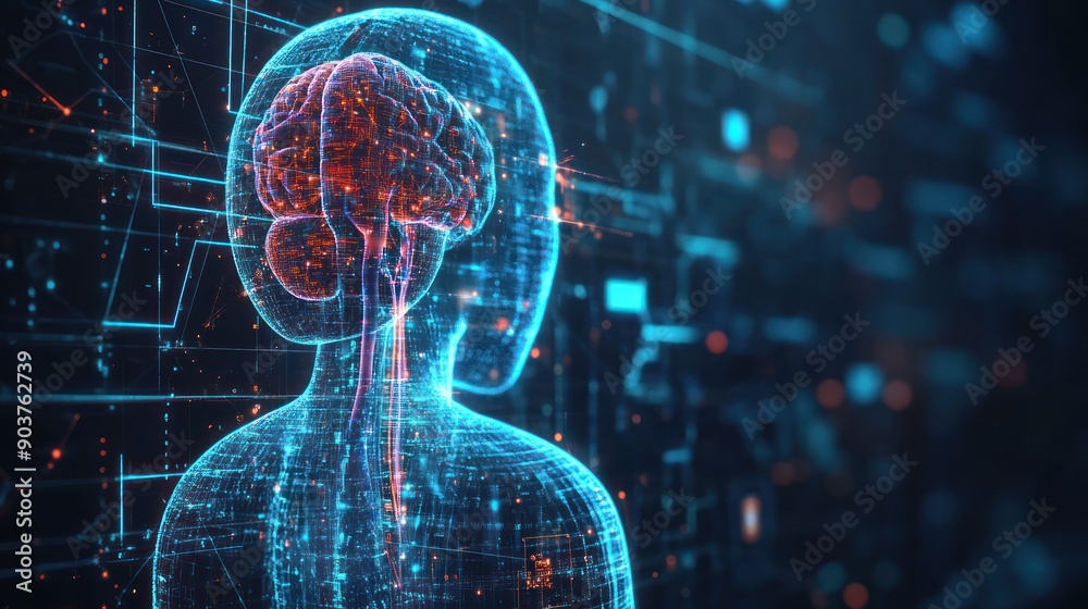 Poster digital human with a glowing brain and network connections