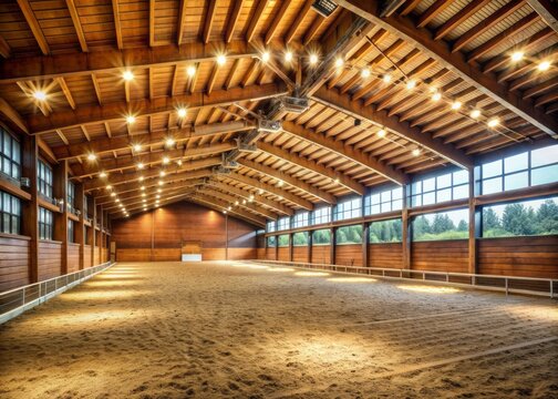 Spacious, well-lit indoor horse riding arena with rustic wooden walls, polished floors, and scattered hay, evoking a sense of calmness and equestrian elegance.