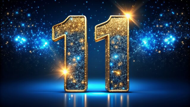 Vibrant golden and blue sparkling number eleven shines brightly on a dark background, perfect for celebrating an 11th birthday or business anniversary with style and sophistication.